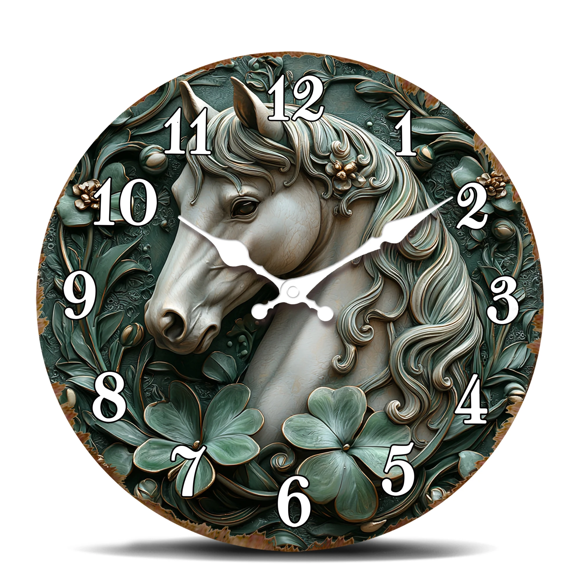 Elegante Pferdekopf-Wanduhr – intricat geschnitztes Pferdemesign mit Blumenrandung, runder Uhr im Vintage-Stil für die Dekoration Image