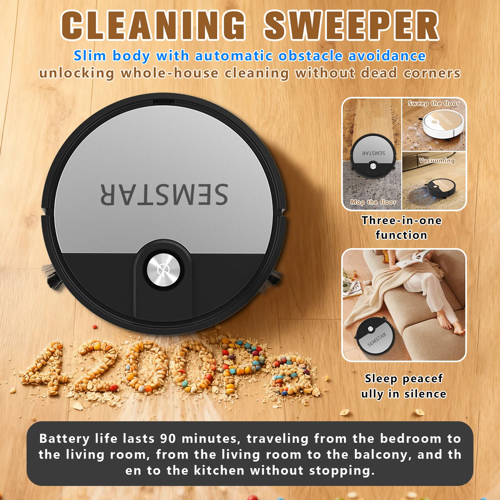 Roboter-Staubsauger, 3-in-1, Kehren, Wischen und Saugen. 4.200 Pa leistungsstarke Reinigung, 90 Minuten Akkulaufzeit, geräuscharm Image