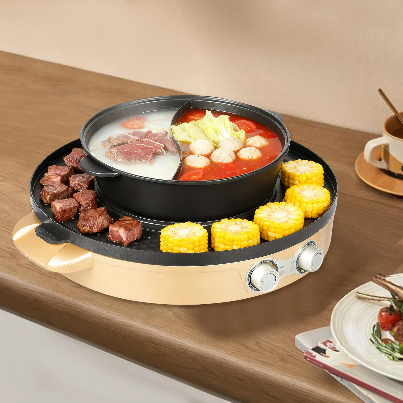 Moderner runder elektrischer Hot Pot mit 2200 W und Grill, 2-in-1-Design, Mandarin-Enten-Topf, Antihaftbeschichtung für Häuser, Restaurants