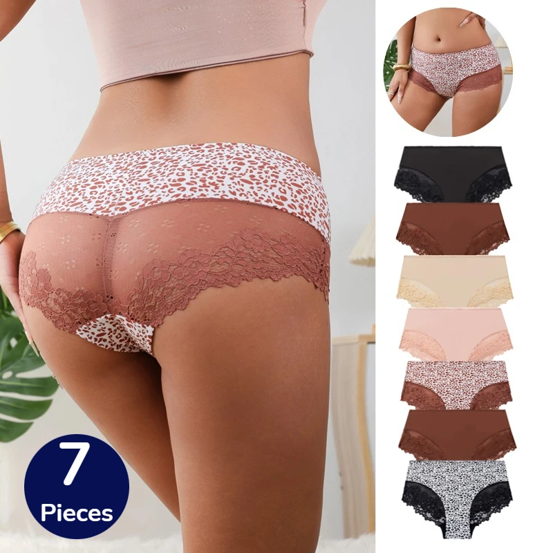 TrowBridge 7 Teile/satz frauen Höschen Leopard Spitze Slip Atmungsaktive Weibliche Unterwäsche Satin Sexy Dessous Süße Gemütliche Unterhose Ho Image