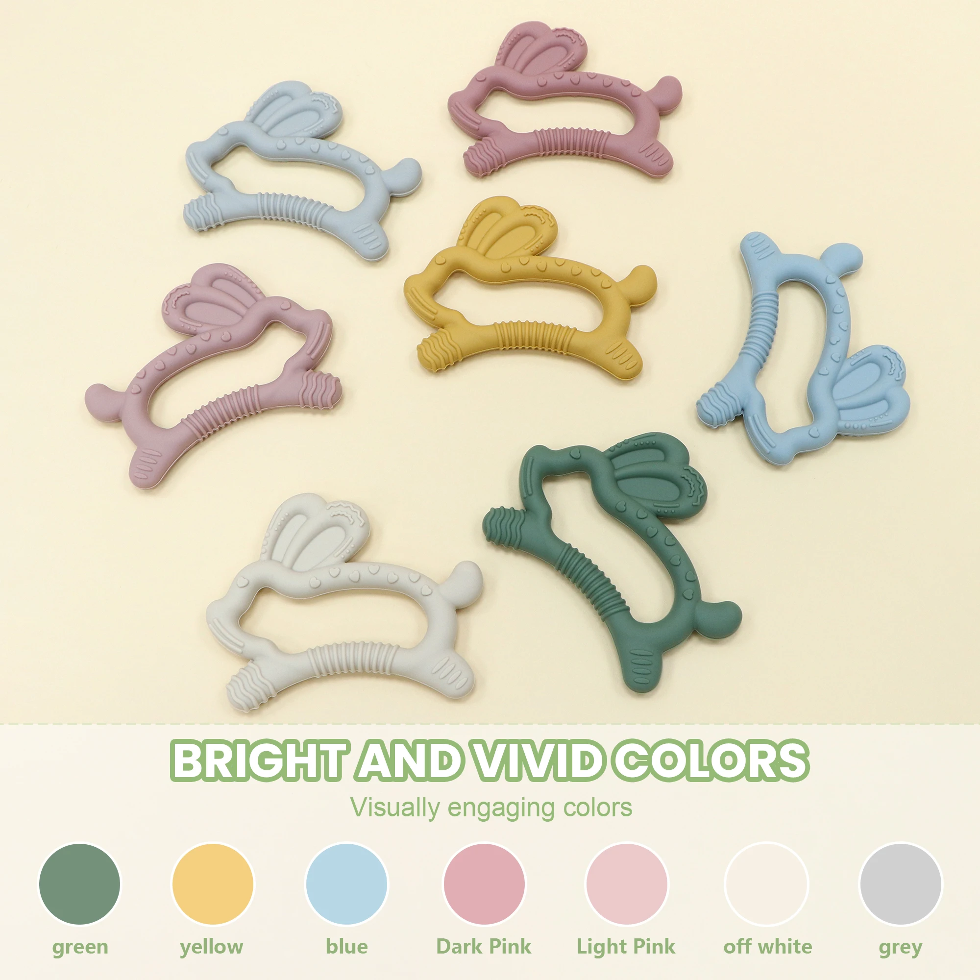 Lebhaftes Kaninchen-Beißspielzeug, geeignet für Babys von 0–6–12 Monaten, weiches Silikon-Beißspielzeug, lebensmittelechtes Silikon. Image