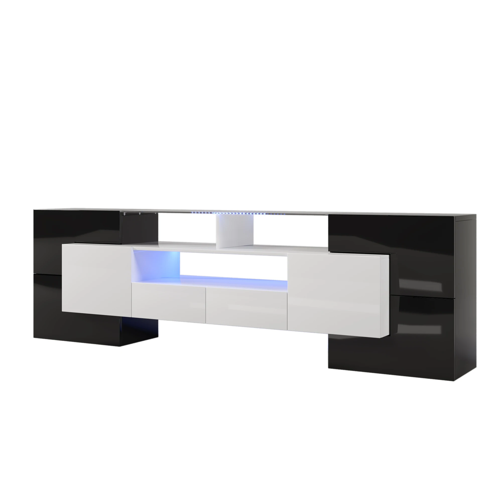 Meuble TV brillant de 200 cm avec LED et plateau en verre. Lowboard moderne blanc et noir, grand meuble console multimédia pour la décoration du salon.