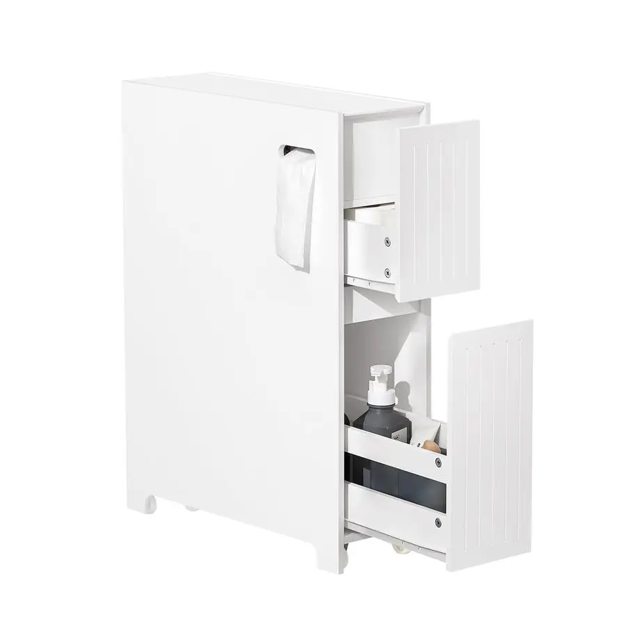 Schmaler Badezimmerschrank mit 20 cm Tiefe, Rollen und Schublade für Toilettenpapier, Holz-Badezimmermöbel