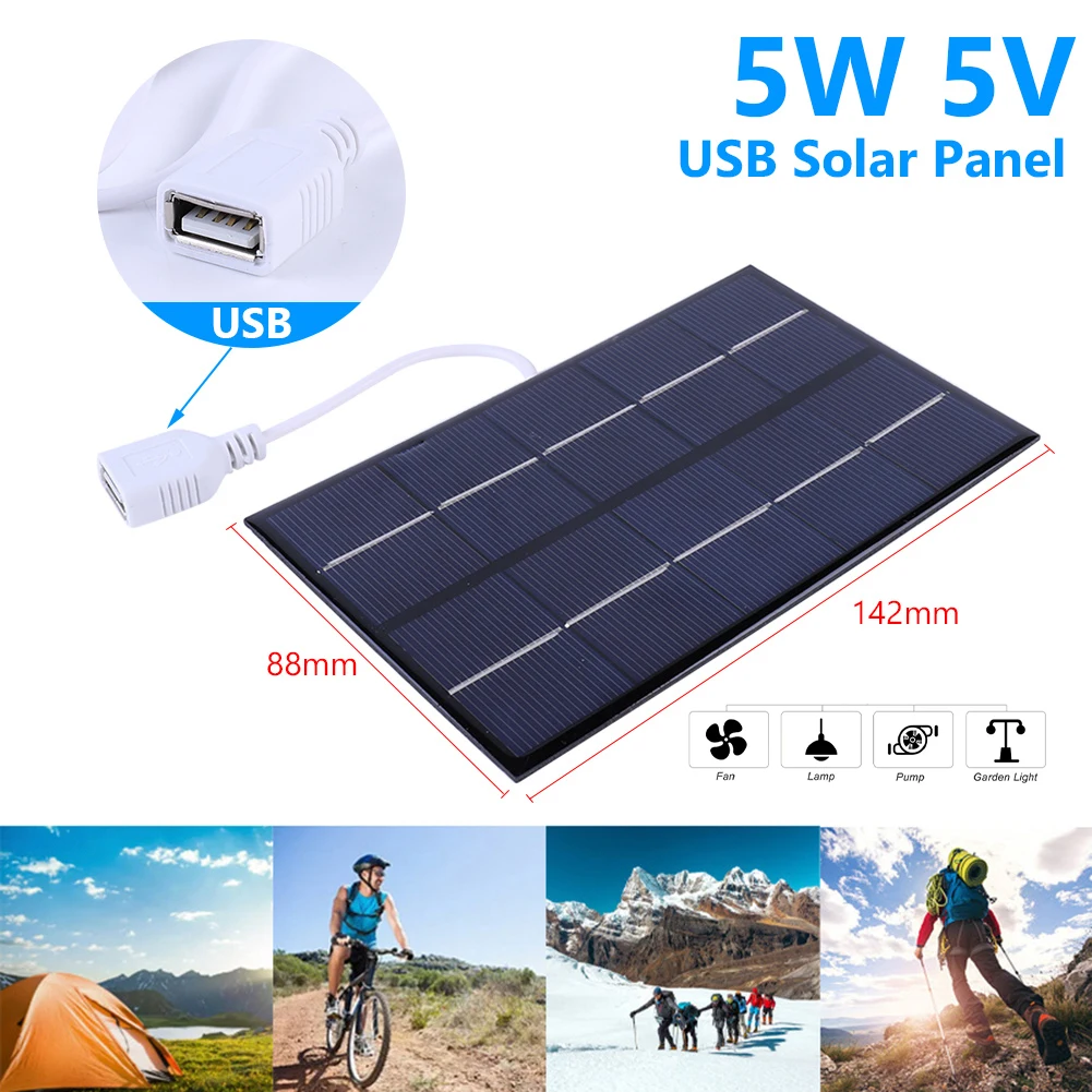 5W 5V Solar-Ladepanel, Polysilizium, USB-Photovoltaikzellen, Solarplatte zum Aufladen von 3–5V-Batterien/Handys für Camping im Freien Image