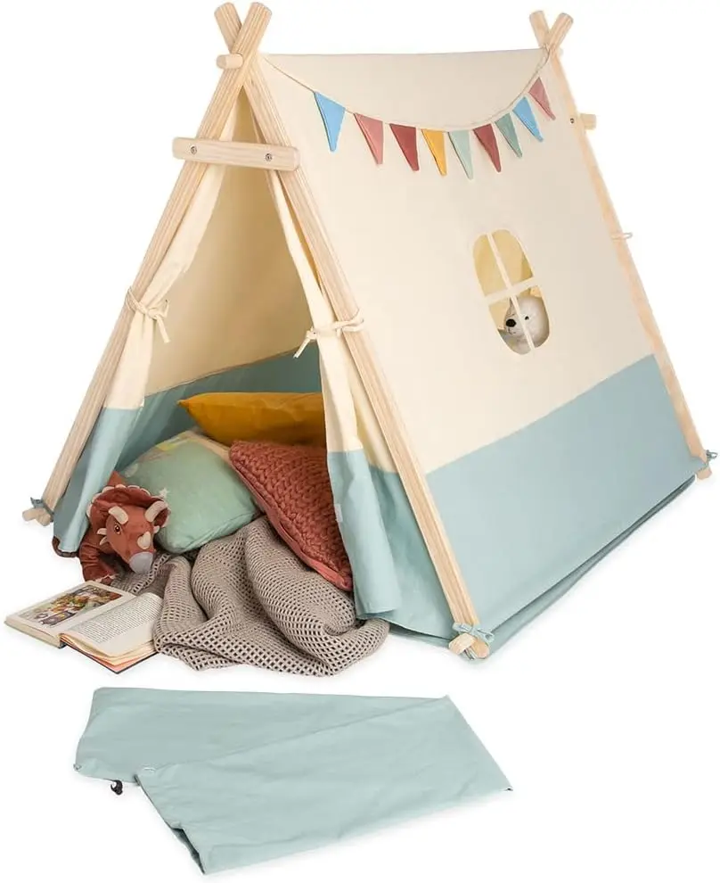 INOLINO Kinderzelt – Spielzelt Yuma mit Fenster, Bodenmatte & Girlande, zwei Eingänge, 101×131×106 cm, schnell aufzubauen, naturfarben Image