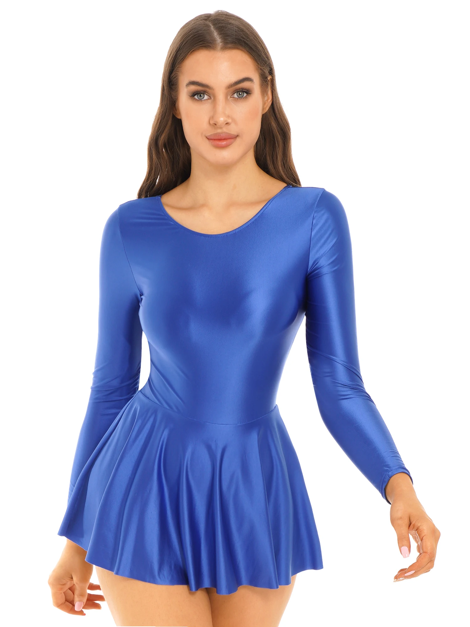 Einfarbiges, langärmliges, gerüschtes Kleid für Damen, Trikotkleider mit Rundhalsausschnitt, Sport- und Schwimmkleidung Image