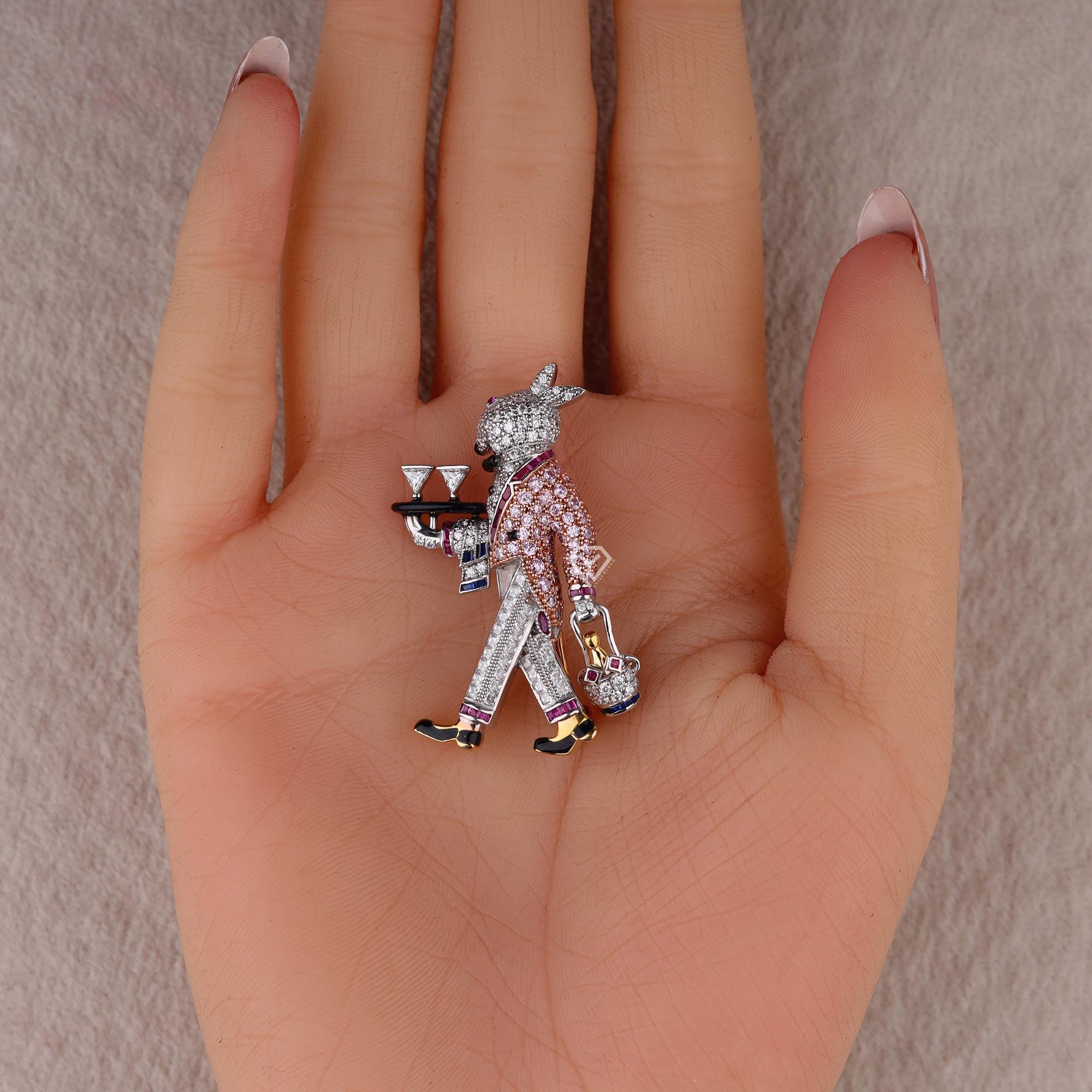 Spilla da cameriere a forma di coniglio, spilla da maggiordomo a forma di coniglio in argento sterling, spilla da cameriere a forma di coniglio con pi