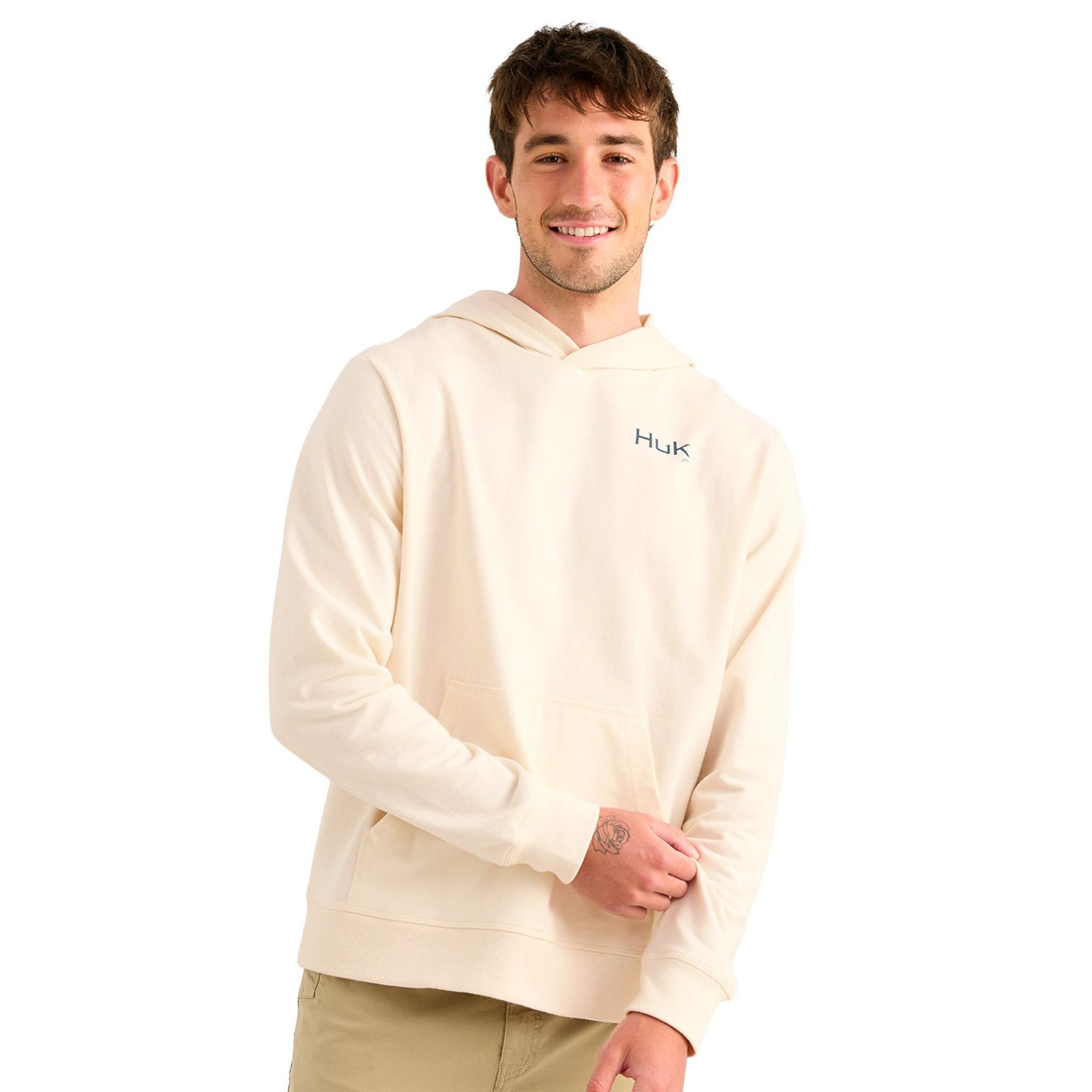 HUK Men's Edisto KC Americana Terry Hoodie (Size M) Egret, Poly + Cotton