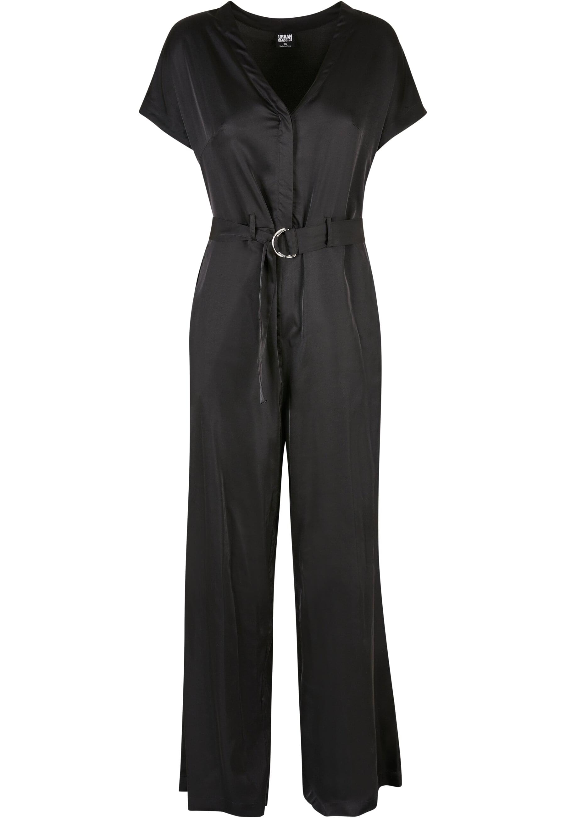 Jumpsuit URBAN CLASSICS "Urban Classics Damen Ladies Satin Wide Leg Belt Jumpsuit", Damen, Gr. M, US-Größen, schwarz, 95% Polyester, 5% Elasthan, unifarben, loose fit, Overalls Jumpsuit