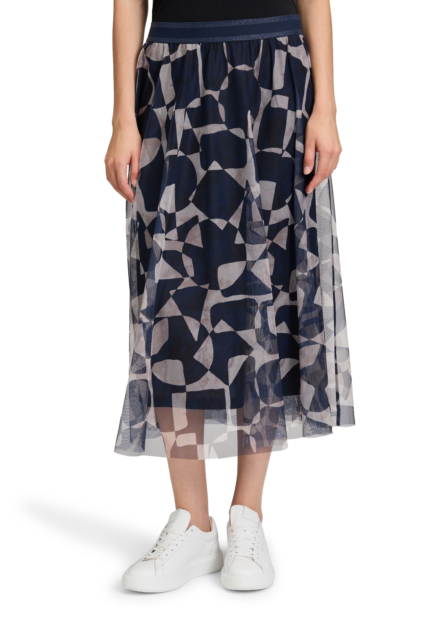 Midirock BETTY & CO "Damen mit Print", Damen, Gr. 34, dunkelblau, nature, Netz, Obermaterial: 100% Polyester; Futter: 100% Polyester, figurumspielend lang, Röcke Image