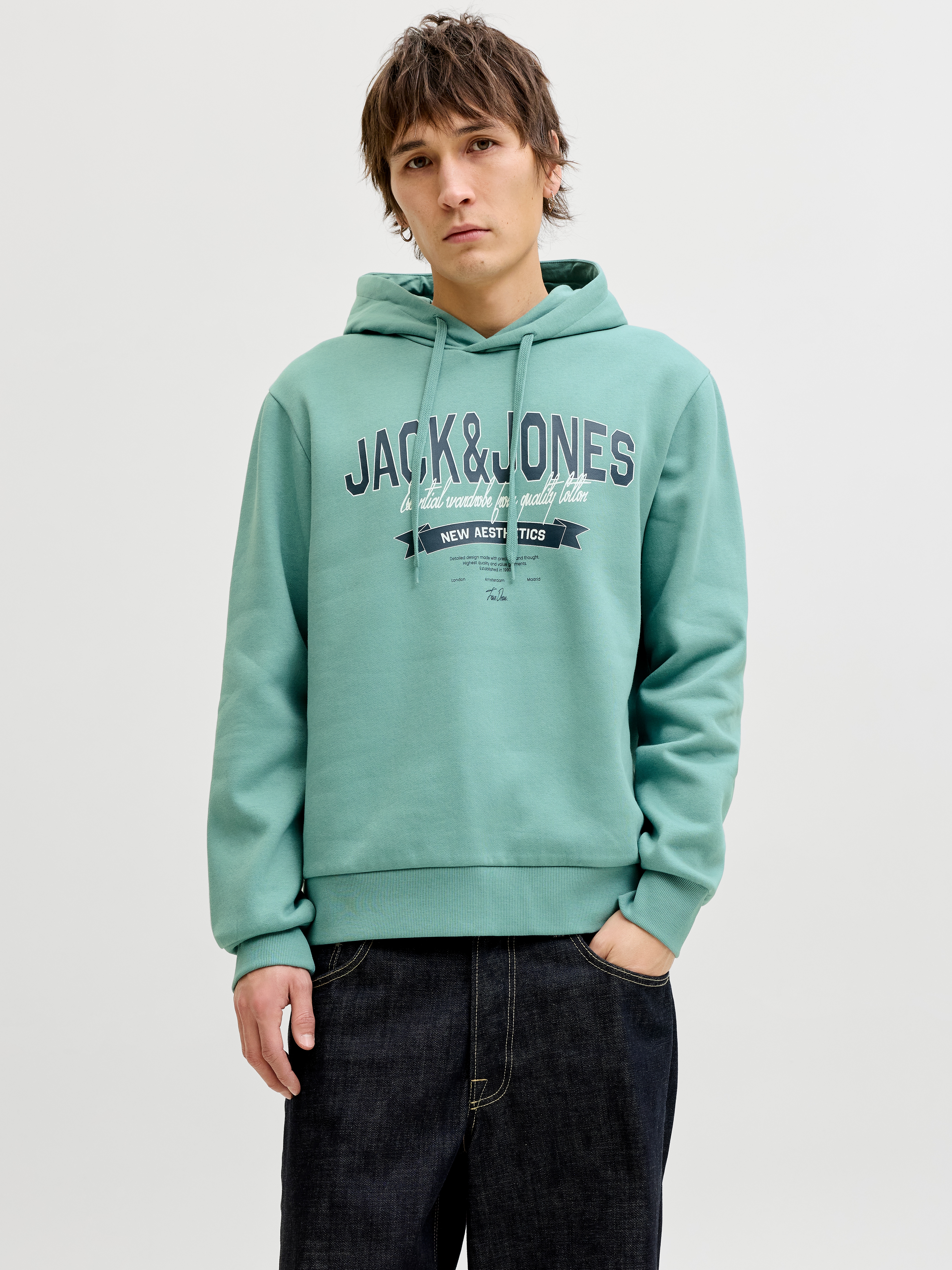 Kapuzensweatshirt JACK & JONES "JJELOGO SWEAT HOOD 2 COL 25/26 NOOS", Herren, Gr. XL, mineral blau, angeraute Sweatware, Obermaterial: 70% Baumwolle, 30% Polyester, bedruckt, regular fit normal, Rundhals, Rippbündchen, Sweatshirts, mit stylischem Print