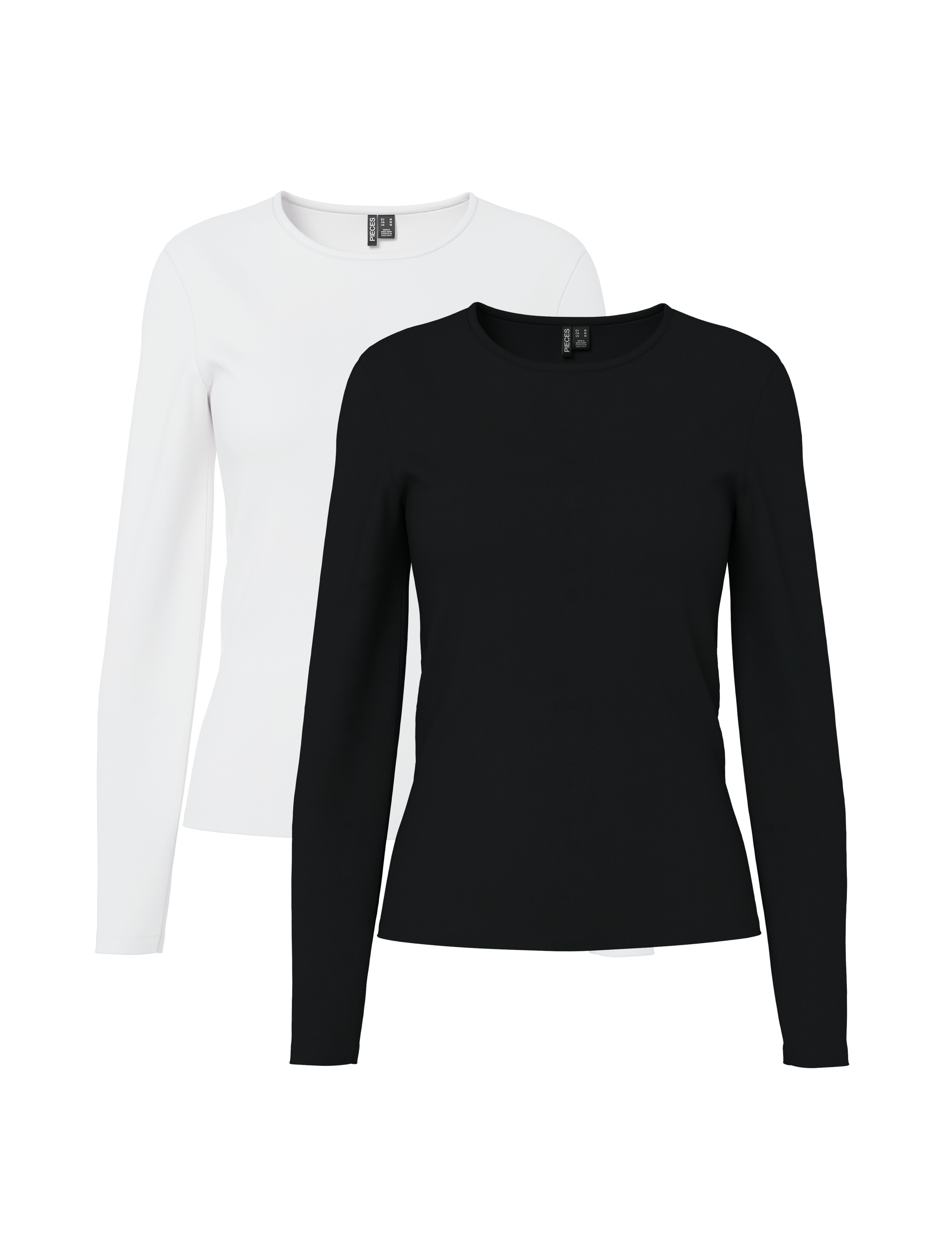 Langarmshirt PIECES "PCAMELIA LS TOP 2-PACK JRS NOOS BC", Damen, Gr. XS, schwarz pack:2 pack schwarz, hellweiß, Jersey, Obermaterial: 95% Baumwolle, 5% Elasthan, unifarben, figurbetont normal, Rundhals, Shirts Langarmshirt, mit klassischen Farben