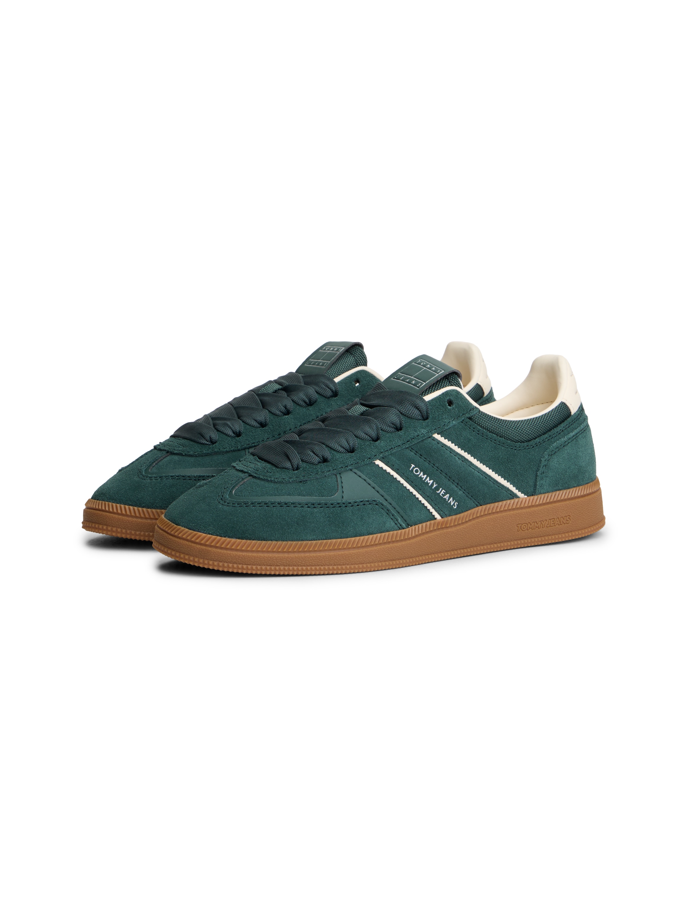 Plateausneaker TOMMY JEANS "THE GREENWICH EDGE SUEDE", Damen, Gr. 41, grün, weiß, Lederimitat, Textil, Veloursleder, kontrastfarbene Details, Schuhe Plateausneaker, Freizeitschuh, Halbschuh, Schnürschuh mit gepolstertem Schaftrand
