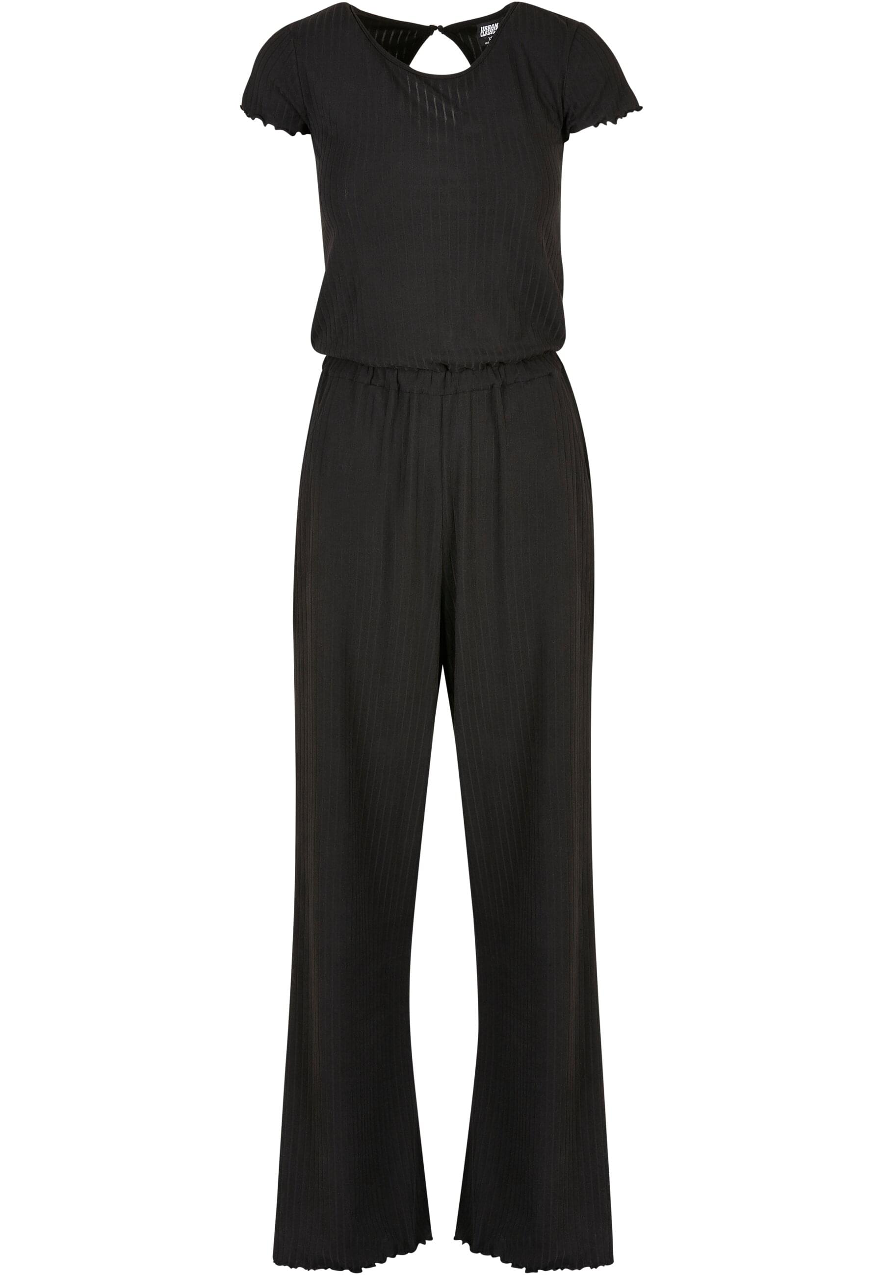 Jumpsuit URBAN CLASSICS "Urban Classics Damen Ladies Rib Wid Leg Jumpsuit", Damen, Gr. XL, US-Größen, schwarz, 95% Polyester, 5% Elasthan, unifarben, loose fit, Rundhals, Overalls Jumpsuit