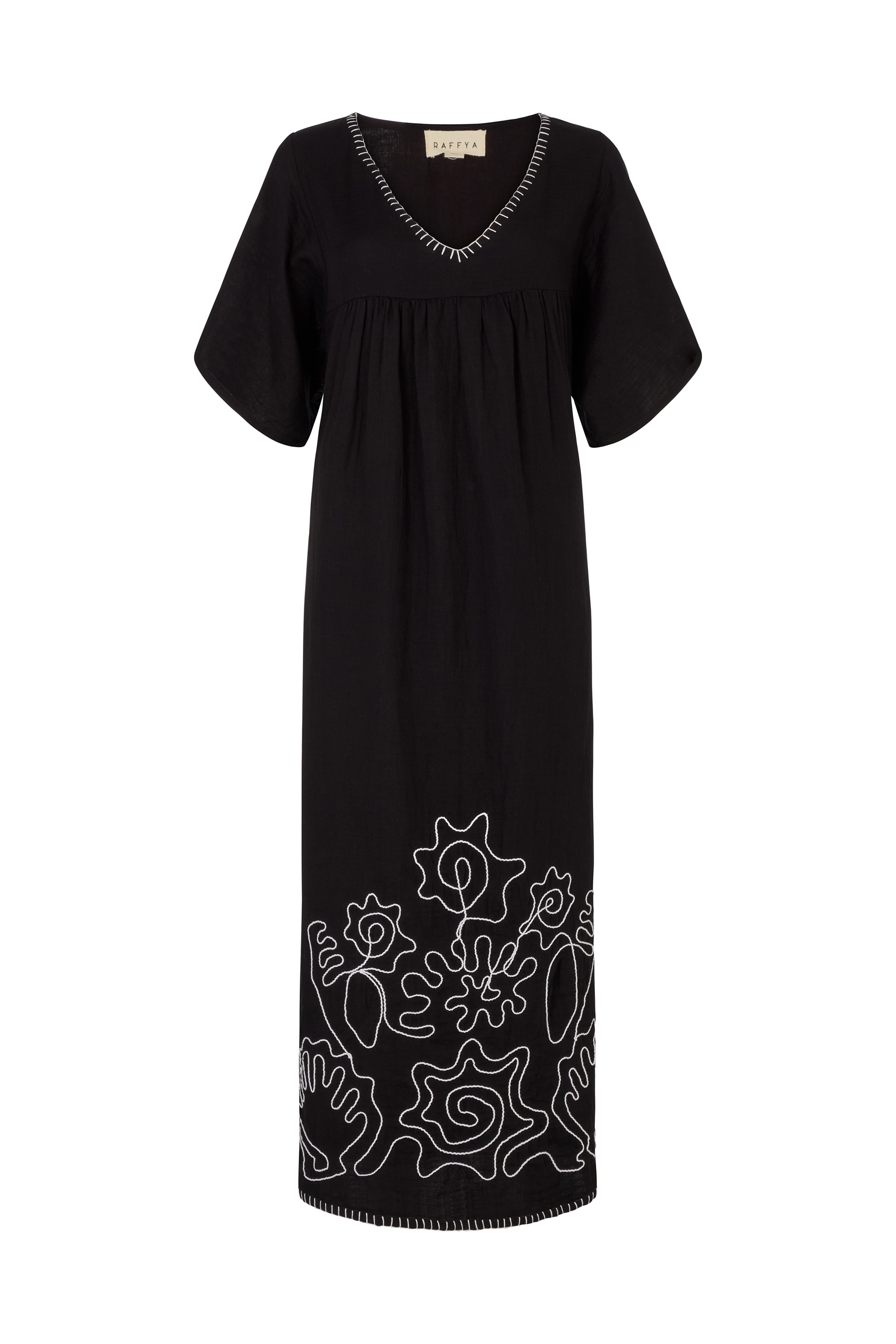 Midikleid RAFFYA "Candy Tabard Embroidered Hem Maxi Dress Damen", Damen, Gr. 36, Normalgrößen, schwarz, 100% Baumwolle, Kleider Midikleid
