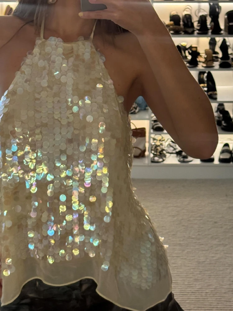 Estate elegante backless lace-up Hollow Top sexy halter senza maniche Club Party Camicetta 2026 moda donna paillettes lucide camicia solida