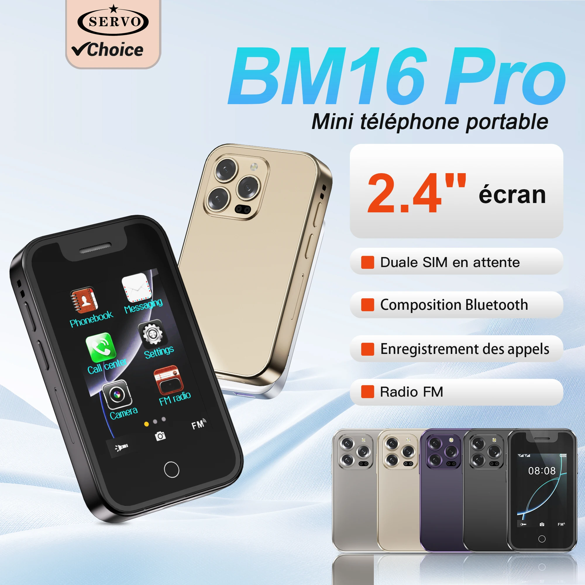 SERVO BM16 PRO Mini téléphone portable 2,4 pouces Écran tactile Appel Bluetooth Double SIM Enregistreur Lampe de poche 2G GSM Téléphones portables minuscules portables