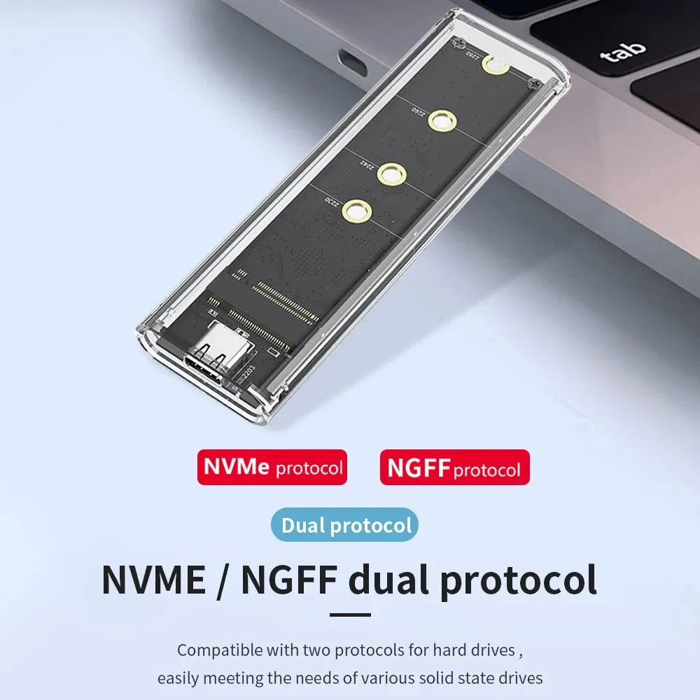 M.2 NVME PCIe NGFF SATA Dual Protocol SSD-Gehäuse Klare USB Typ C PCI-E M2 SSD Transparentes externes Gehäuse Festplattenbox Image