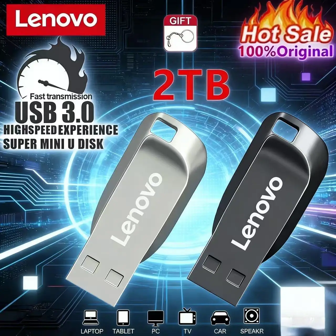 Clé USB portable Lenovo 2 To USB 3.0, étanche, mémoire 1 To, clé USB 512 Go, clé USB haute vitesse ​ ​ Clé USB en métal