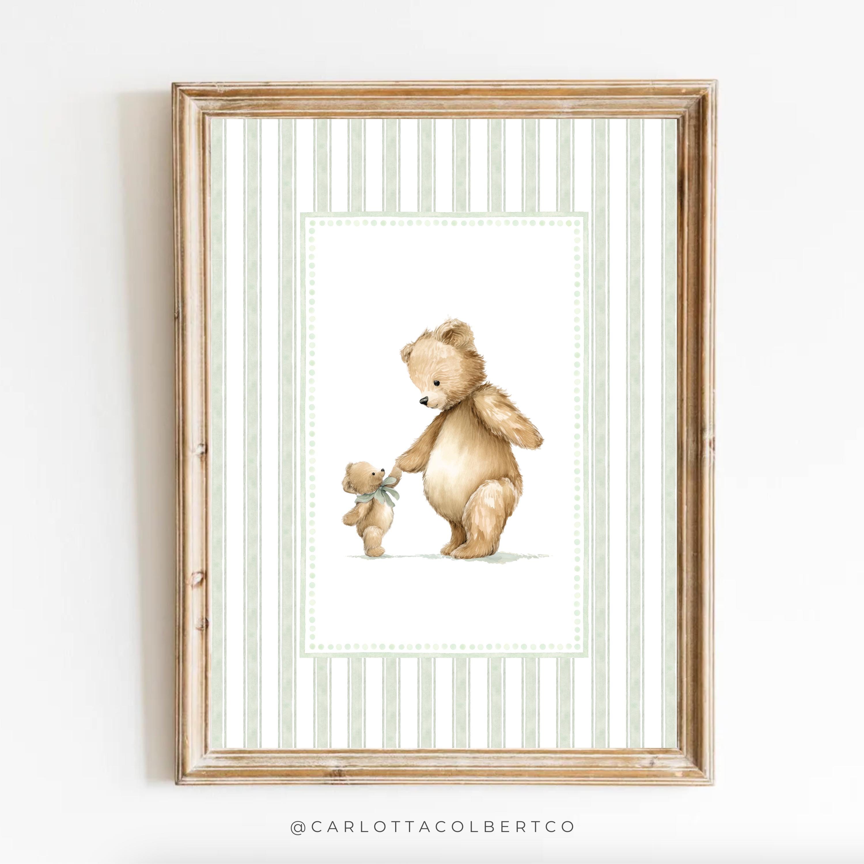 Poster per la cameretta dell'orso, vintage, verde salvia, per la cameretta del bambino, per la mamma e il bambino, stampa artistica per la cameretta d