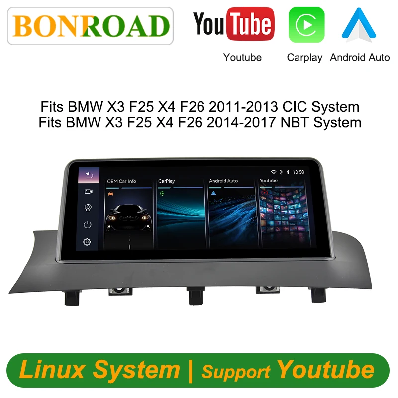 Schermo Touch Wireless CarPlay da 10.25 Pollici Bonroad per BMW X3 F25 X4 F26 2011-2017 CIC NBT, Radio Android con YouTube