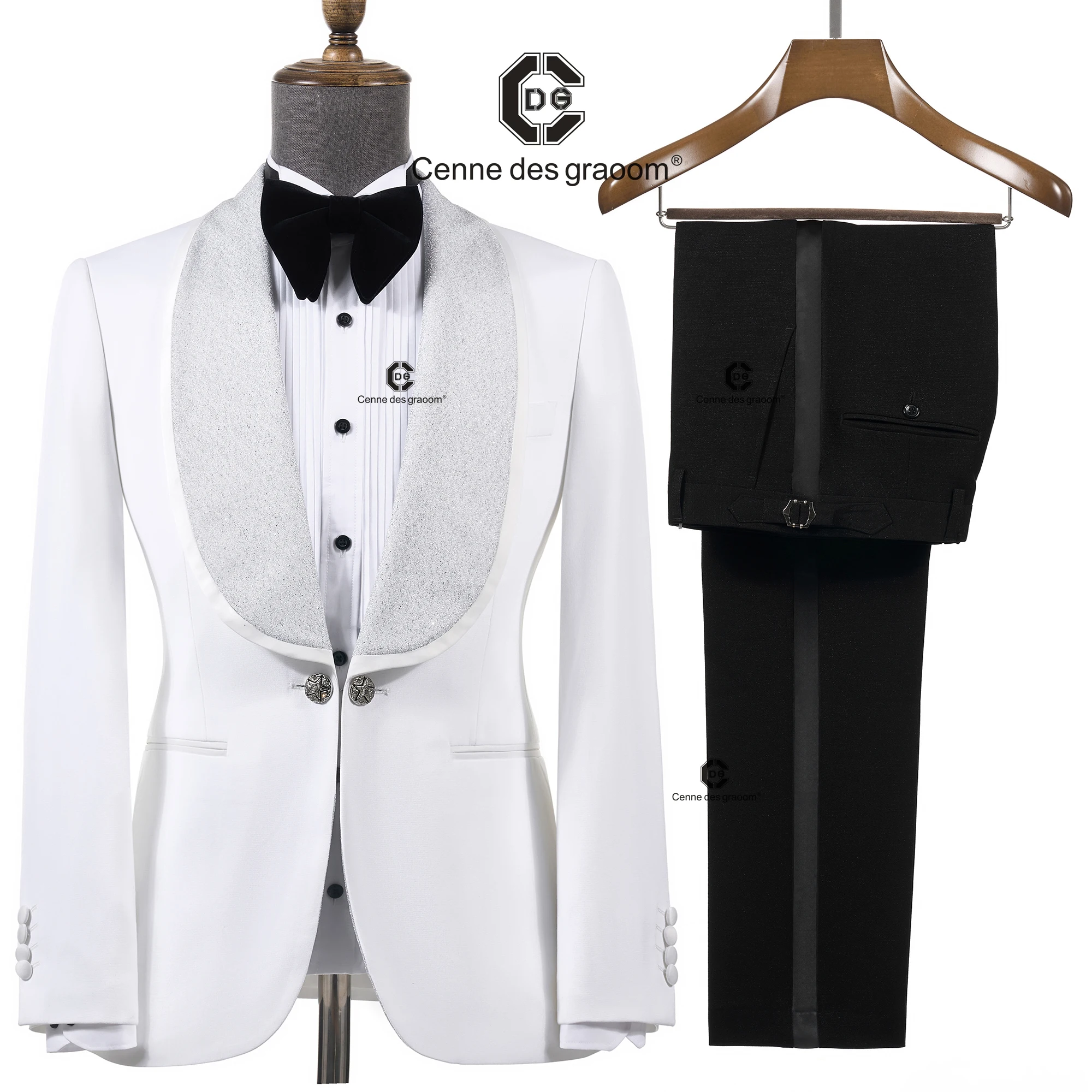 Cenne Des Graoom 2026 Neue elegante Luxus weiß glänzende Schal Revers Smoking Hochzeitsanzüge für Männer Jacke schwarze Hose 2-teilig