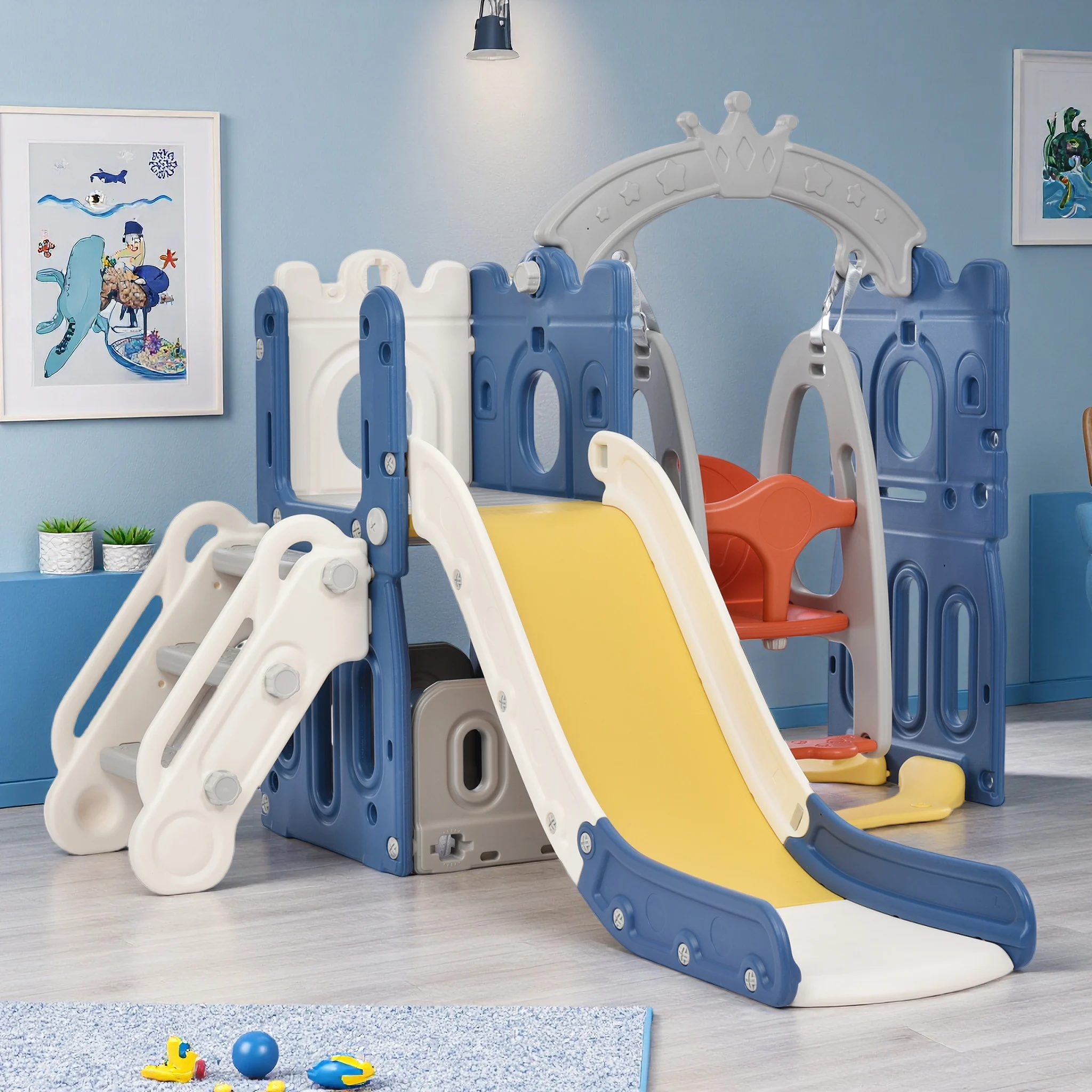 Comanlai Kinderrutsche für drinnen und draußen, 5-in-1 freistehende Schaukelrutsche mit Klettern, Klettern, Basketballrahmen, Blau Image