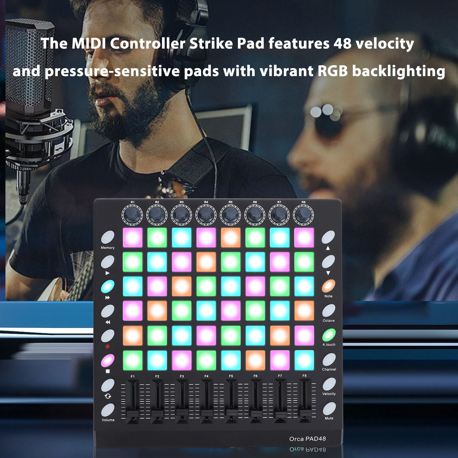 MIDI-Controller-Drum-Pad, 48 RGB-hintergrundbeleuchtete, geschwindigkeitsempfindliche Pads, 8 Knöpfe, 8 Schieber, 16 Funktionstasten, USB, tragbares MIDI-Pad Image