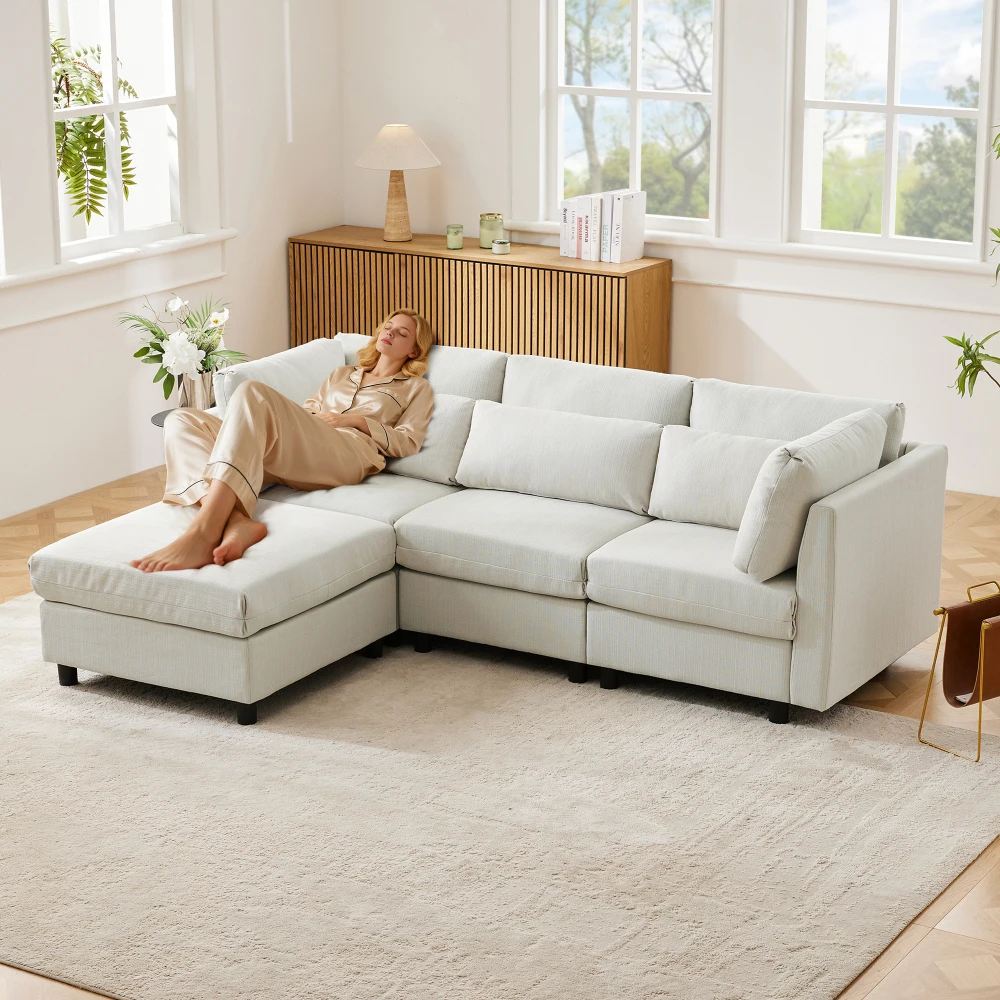 Weiches Wohnzimmer-Sofa in Beige, Modernes L-förmiges 3-Sitzer-Ecksofa mit Armlehnen für Komfortable Heimdekoration