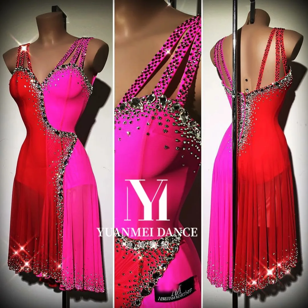 Lateinischer Tanzwettbewerb Damen High-End Custom Zweifarbige Nähte Faltenrock Tango Samba Performance Strasskleid Image