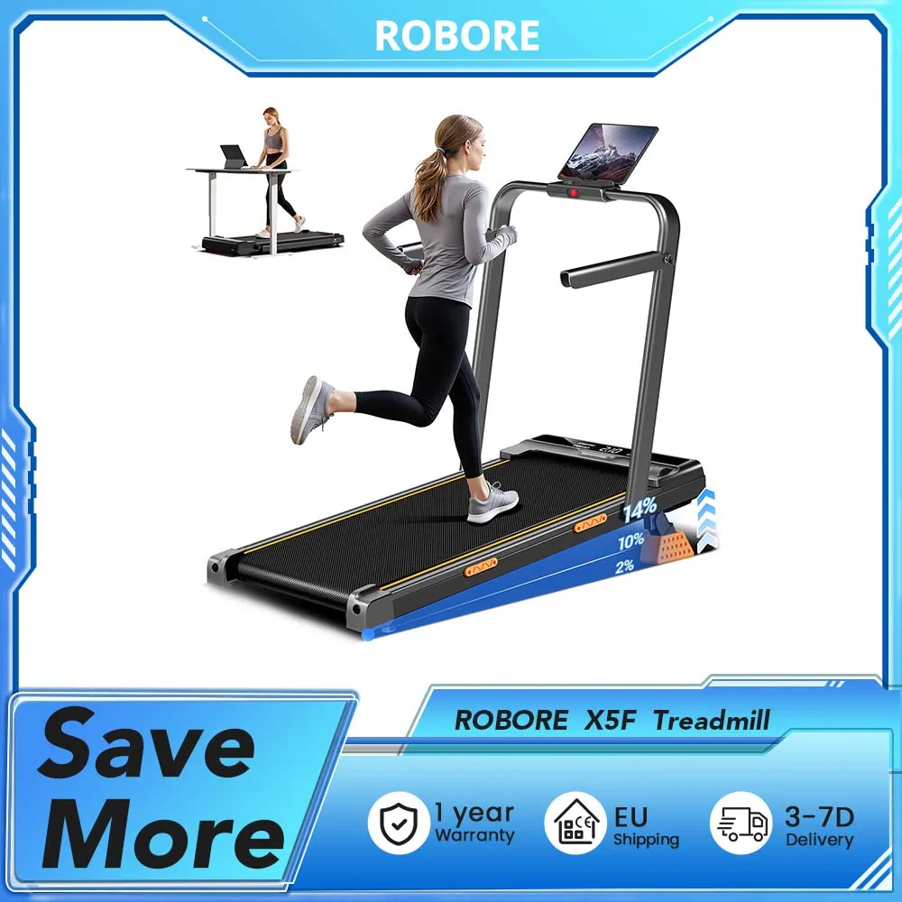 ROBORE X5F Faltbares Laufband mit 14% Steigung, 2,5 PS Leiser Motor, 10 km/h Höchstgeschwindigkeit, 150 kg Belastbarkeit, 3-Stufen-Steigung, LED/Fernbedienung Image