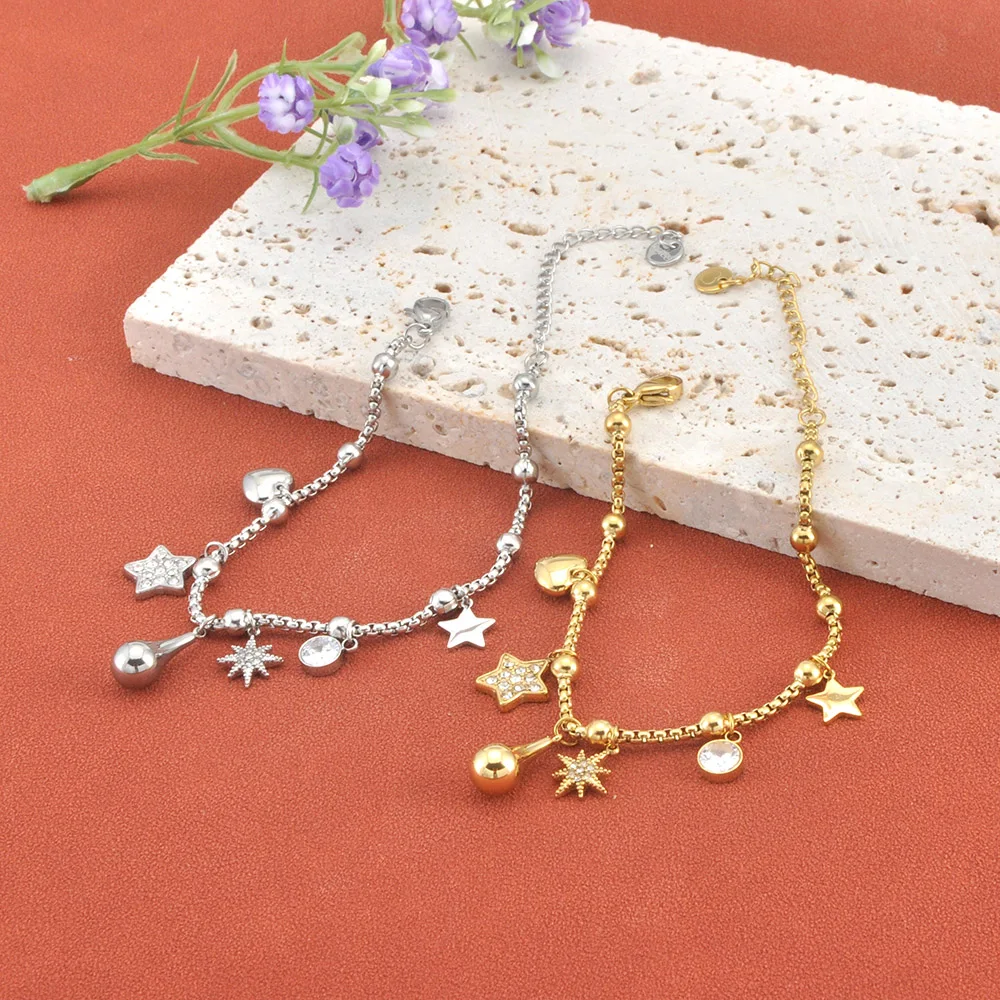 Lokaer Edelstahl-Armbänder mit Herz- und Stern-Anhänger für Damen, vergoldet, verschiedene Anhänger mit glänzendem Zirkon, Handschmuck B25235 Image
