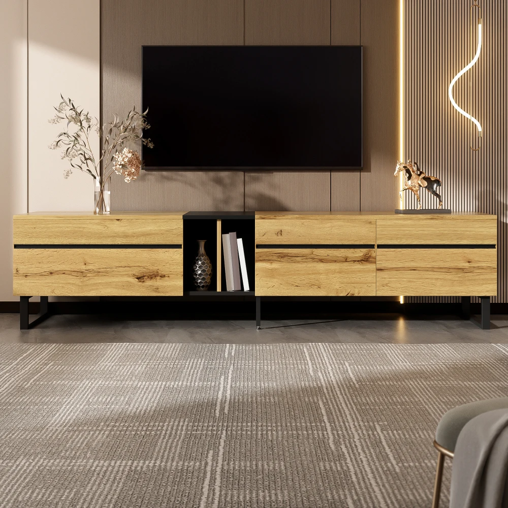 Meuble TV moderne 180 cm avec compartiment pliable, compartiments ouverts – Meuble TV minimaliste comme buffet, meuble TV