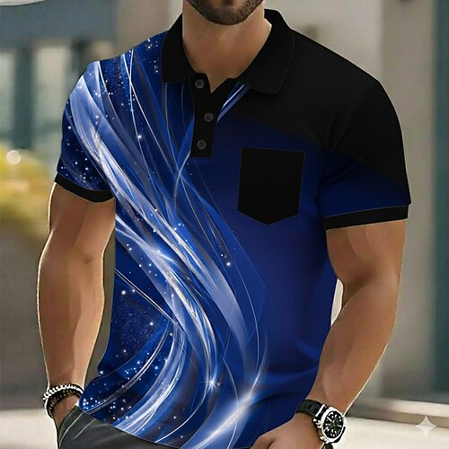 Herren Geometrisch Linie Poloshirts Kurzarm Polo-Shirts Hemden mit Kragen Lässig Outdoor Athleisure Alltagskleidung 3D-Druck Knöpfe Sommer Frühling Blau Purpur Grün Image