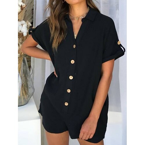 Damen Normal Strampler Aktiv Einfarbig Kurzarm Hemdkragen Hohe Taille Knöpfe Täglich Urlaub Normale Passform Schwarz Rote Khaki Sommer Image