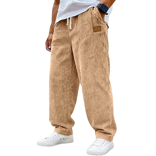Herren Hose Cordhose Baggy-Hosen Freizeithose Kordelzug Gerader Schnitt Einfarbig Komfort Volle Länge Lässig Täglich Outdoor Urlaub Mode Schwarz Weiß Mikroelastisch Image