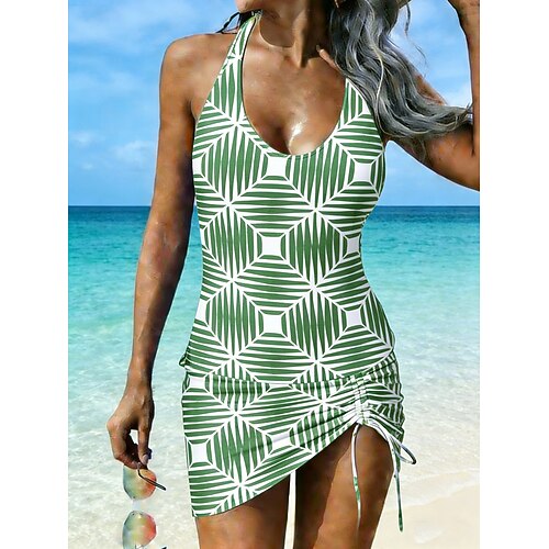 Damen Badeanzug Tankini Zweiteilig Rock Bademode Kordelzug Halter Elegant Urlaub Blumen Rundausschnitt Ärmellos Badeanzüge Image