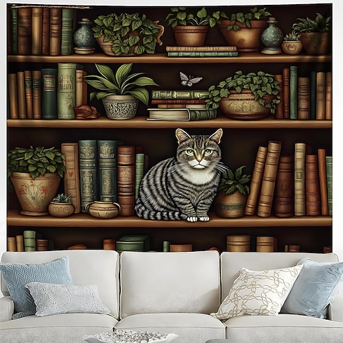3D-Bücherregal-Wandteppich, Bibliothek-Wandbehang, realistische getigerte Katze, Vintage-Bücher, Topfpflanzen, Arbeitszimmerdekoration für Yoga- und Meditationsraum Image