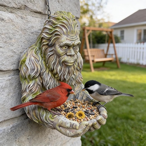 Bigfoot-Vogelfutterhaus, wasserfeste Außenskulptur mit Palmenschale Versteckter Schlüssellochaufhänger, baummontierte/hängende Gartendekoration für Vogelbeobachtung im Garten, für Naturliebhaber Image