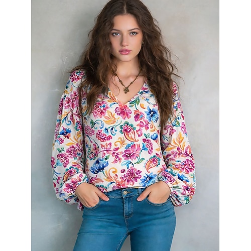 Damen Hemd Druck Grafik Paisley-Muster Elegant Bohemien Vintage Langarm V Ausschnitt Normale Oberteile Täglich Ferien Blau Rosa Rote Sommer Frühling Image