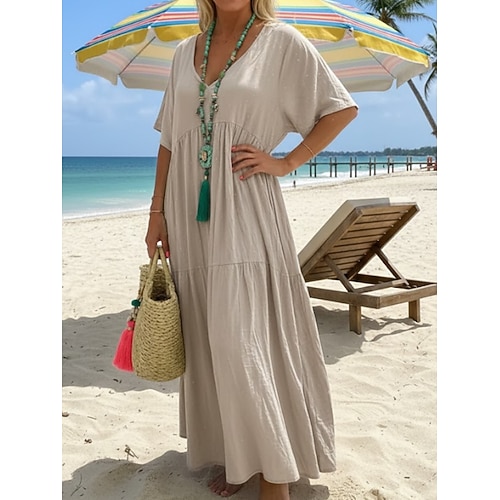 Damen Maxikleid Shiftkleid Lässig Täglich Strand Lässiger Schnitt Einfach Kurzarm V Ausschnitt Schwarz Beige Sommer Frühling Image