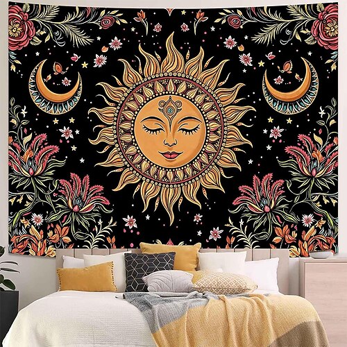 Ästhetischer, mystischer Wandteppich mit Sonne und Mond, psychedelisches Universum, Galaxie, Wanddekoration, Zen-Yoga-Studio, Meditationsraum, Stoffbehang für das Wohnzimmer Image
