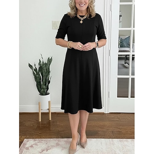 Damen Midikleid A Linie Kleid Lässig Täglich Normale Passform Einfach Dreiviertelarm Rundhalsausschnitt Blau Schwarz Weiß Wein Sommer Frühling Herbst Image