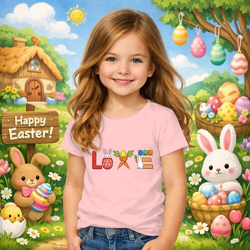 Ostern Mädchen 3D Grafik Kaninchen T-Shirt Kurzarm 3D-Druck Sommer Frühling Sport Mode Streetwear Kinder 4-12 Jahre Rundhalsausschnitt Lässig Täglich Outdoor Normale Passform Image