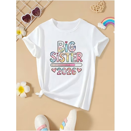 Mädchen 3D Grafik Buchstabe T-Shirt Kurzarm 3D-Druck Sommer Frühling Sport Mode Streetwear Kinder 4-12 Jahre Rundhalsausschnitt Lässig Täglich Outdoor Normale Passform Image
