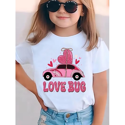 Valentinstag Mädchen 3D Herz Grafik Auto T-Shirt Kurzarm 3D-Druck Sommer Frühling Sport Mode Streetwear Kinder 4-12 Jahre Rundhalsausschnitt Lässig Täglich Outdoor Normale Passform Image