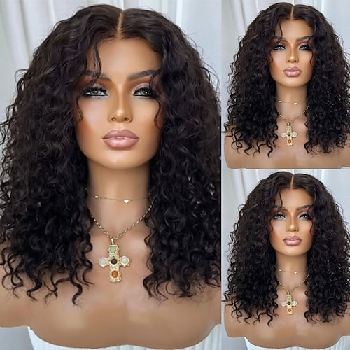 Remy Echthaar 5x5 Verschluss 13x4 Spitzenfront Perücke Mittelscheitel Brasilianisches Haar Lockig Natürlich Perücke 150% 180% Haardichte mit Babyhaaren Natürlicher Haaransatz 100% Unbehandelt Image