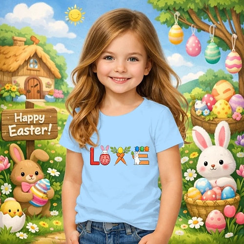 Ostern Mädchen 3D Grafik Kaninchen T-Shirt Kurzarm 3D-Druck Sommer Frühling Sport Mode Streetwear Kinder 4-12 Jahre Rundhalsausschnitt Lässig Täglich Outdoor Normale Passform Image