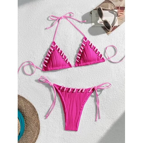 Damen Badeanzug Bikini Zweiteilig Tanga Bademode Schlank Rückenfrei Urlaub Strandbekleidung Einfarbig Neckholder Ärmellos Badeanzüge Image