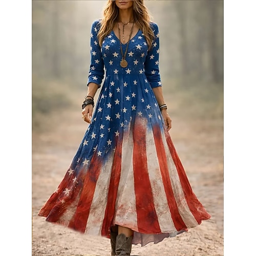 Unabhängigkeitstag patriotisches T-Shirt Damen Midi Kleid lässiges Kleid Party lässig Boho Date reguläre Passform grafische Flagge Langarm V-Ausschnitt Blau Sommer Frühling Image